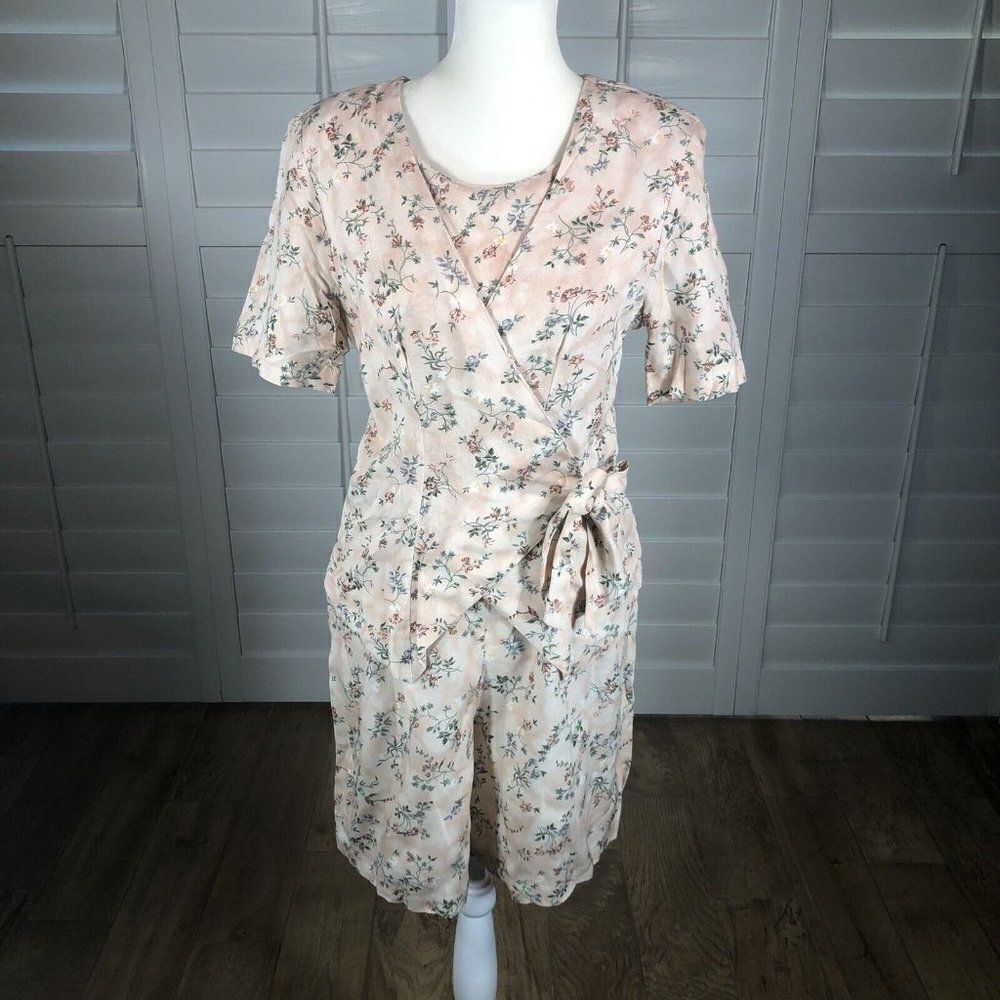 Vtg 80s LIBERTY Fashions Floral Short Sleeve Romper M Rayon Peach Mock Wrap Cute
